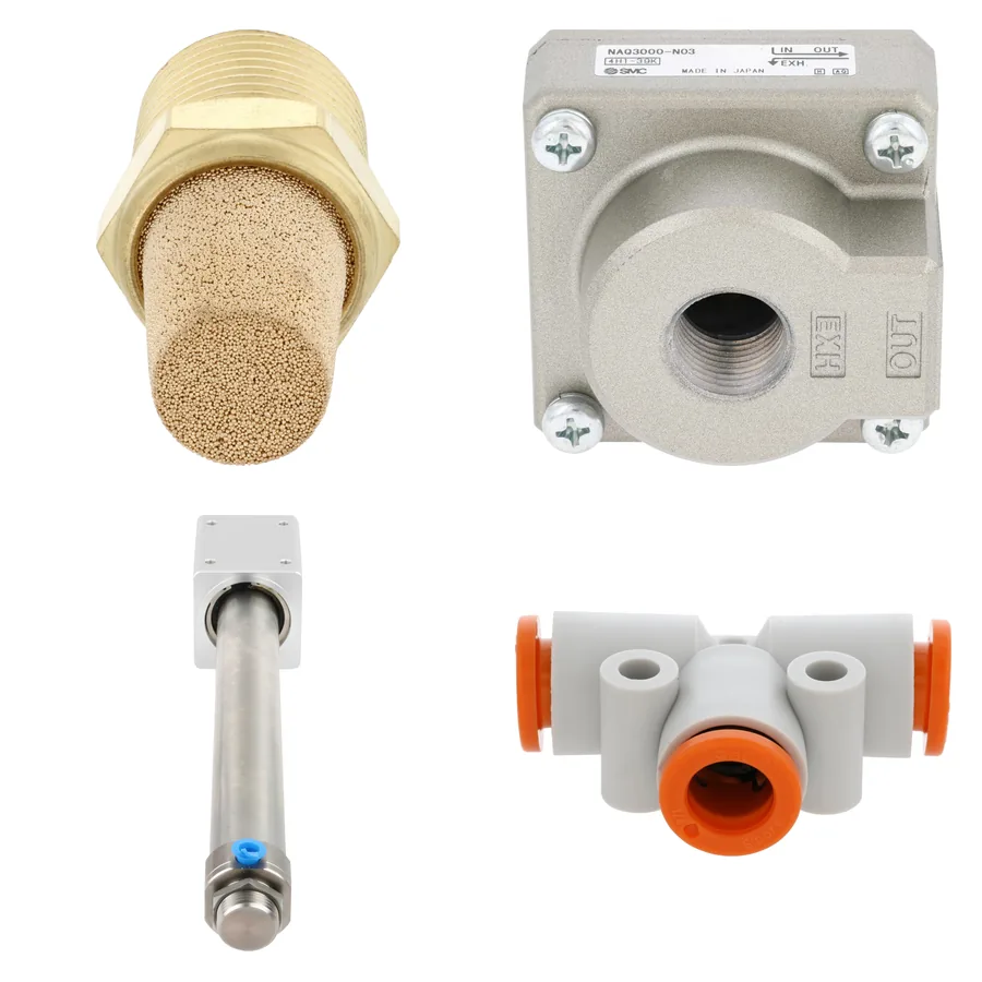 Muffler, quick exhaust, rodless cylinder and push-fit tee for a Meheen bottling machine