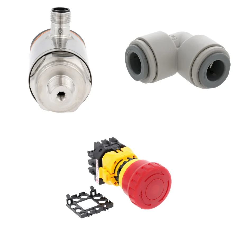 Pressure transmitter, push-fit elbow and emergency stop for a Meheen bottling machine